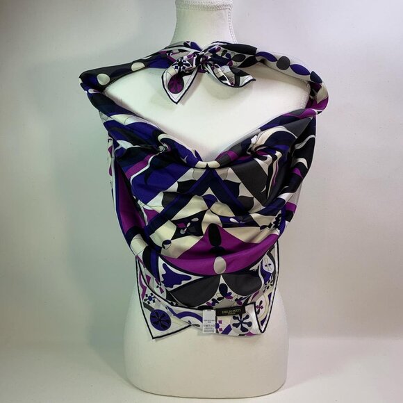 Emilio Pucci 100% Silk Geometric Print Scarf 34x34 Purple Designer Luxe - Picture 6 of 7